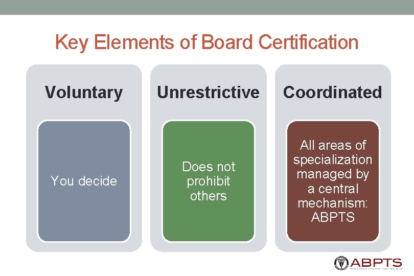 Key Elements of Board Certification Voluntary You decide Unrestrictive Coordinated Does not prohibit others