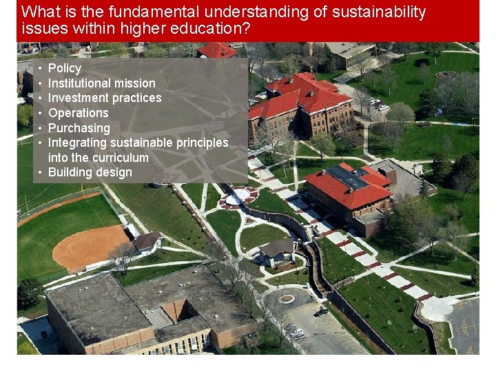 What is the fundamental understanding of sustainability issues within higher education? • • •