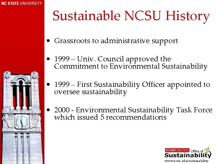 Sustainable NCSU History • Grassroots to administrative support • 1999 – Univ. Council approved