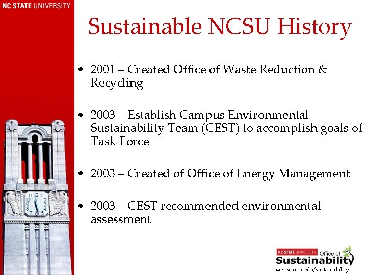 Sustainable NCSU History • 2001 – Created Office of Waste Reduction & Recycling •
