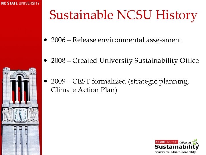 Sustainable NCSU History • 2006 – Release environmental assessment • 2008 – Created University