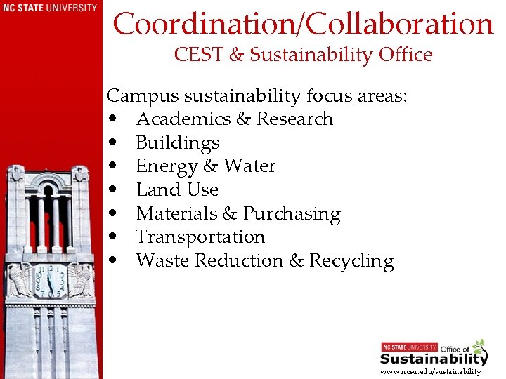 Coordination/Collaboration CEST & Sustainability Office Campus sustainability focus areas: • Academics & Research •