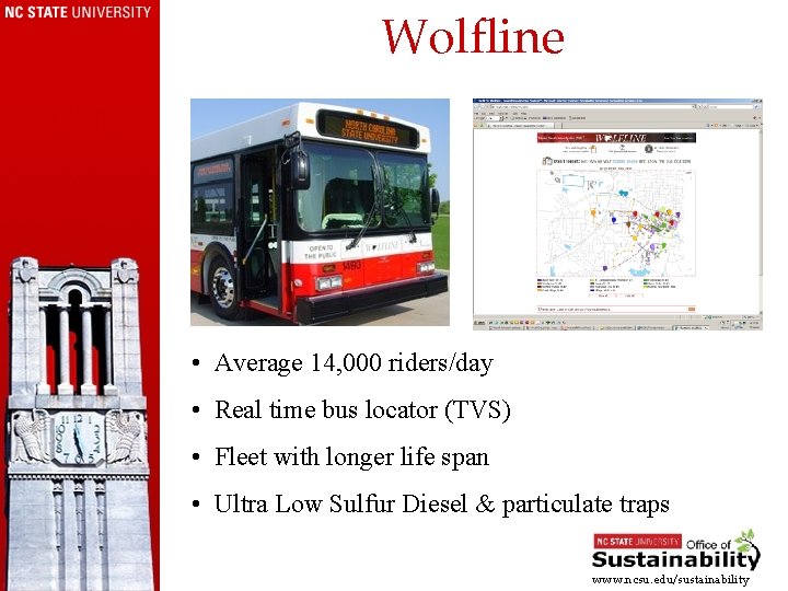 Wolfline • Average 14, 000 riders/day • Real time bus locator (TVS) • Fleet