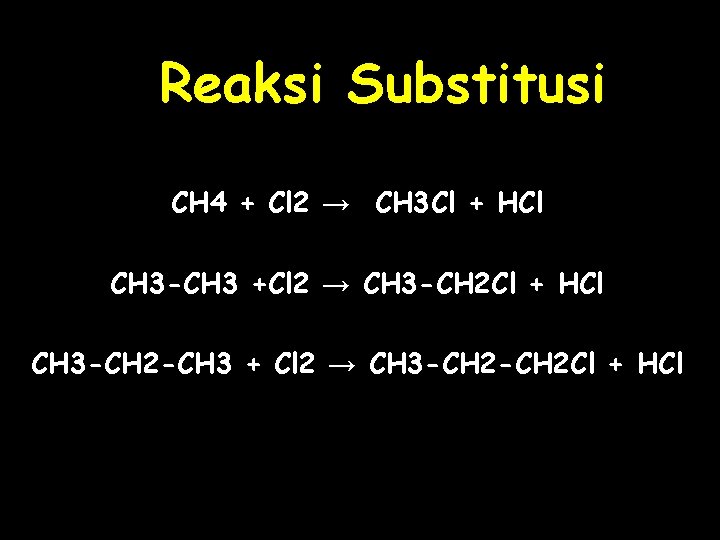 Reaksi Substitusi CH 4 + Cl 2 → CH 3 Cl + HCl CH