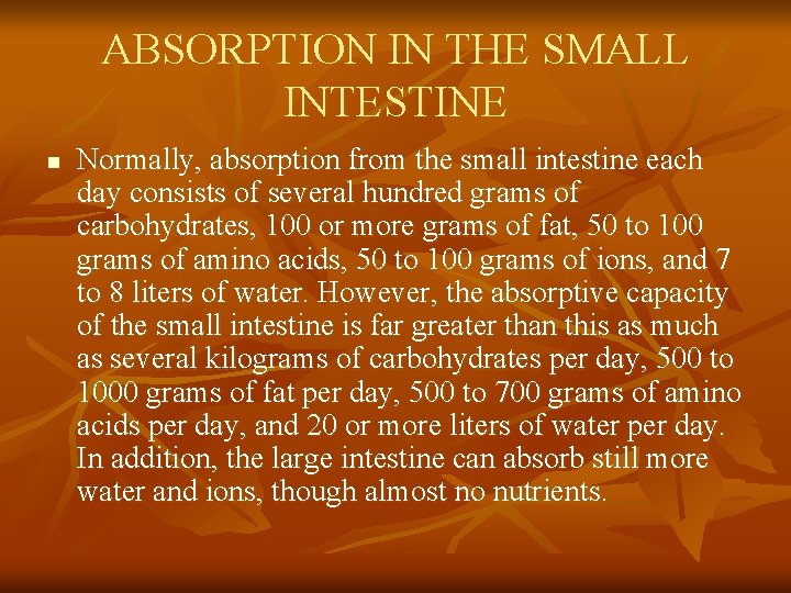 ABSORPTION IN THE SMALL INTESTINE n Normally, absorption from the small intestine each day