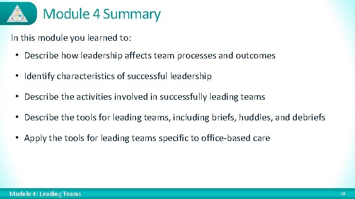 Module 4 Summary In this module you learned to: • Describe how leadership affects