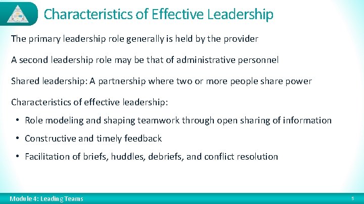 Characteristics of Effective Leadership The primary leadership role generally is held by the provider