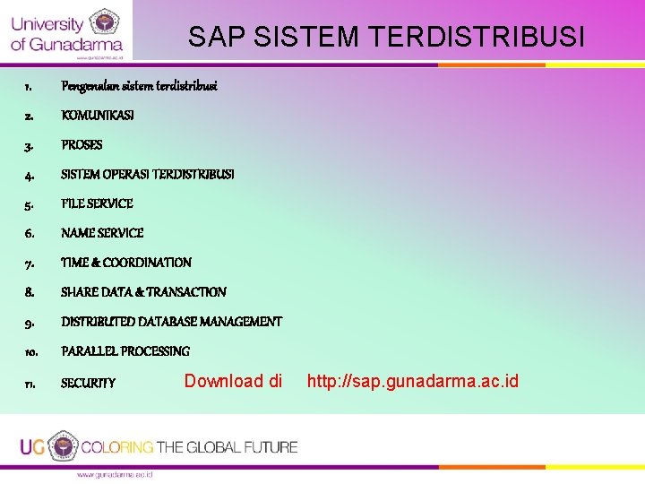 SAP SISTEM TERDISTRIBUSI 1. Pengenalan sistem terdistribusi 2. KOMUNIKASI 3. PROSES 4. SISTEM OPERASI