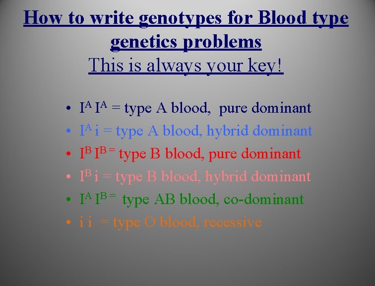 How to write genotypes for Blood type genetics problems This is always your key!