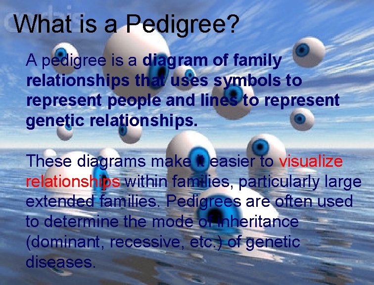 What is a Pedigree? A pedigree is a diagram of family relationships that uses