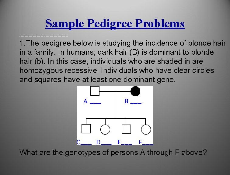 Sample Pedigree Problems ------------------ 1. The pedigree below is studying the incidence of blonde