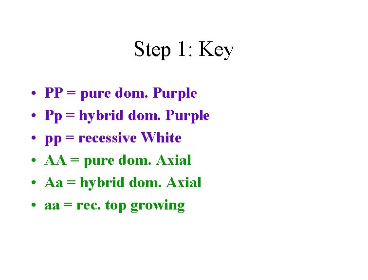 Step 1: Key • • • PP = pure dom. Purple Pp = hybrid