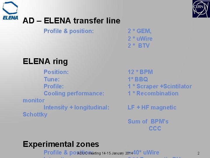 AD – ELENA transfer line Profile & position: 2 * GEM, 2 * u.