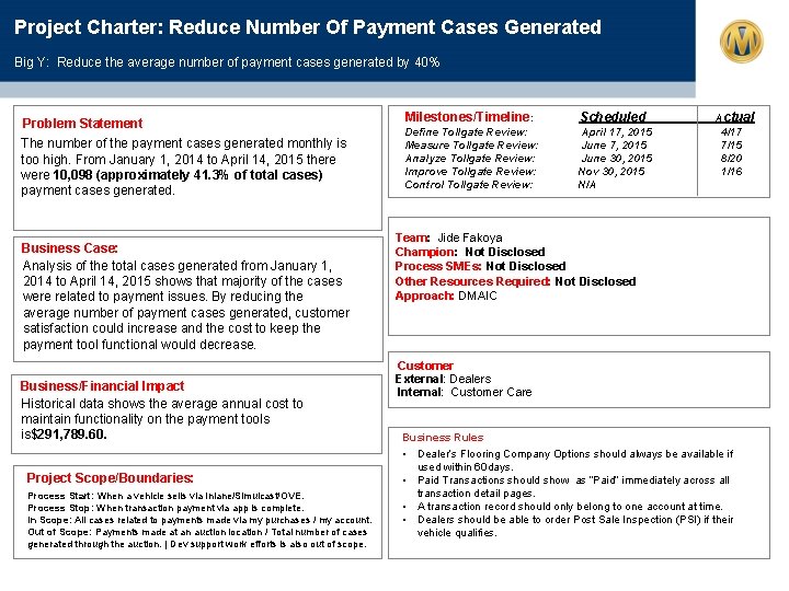 Project Charter: Reduce Number Of Payment Cases Generated Big Y: Reduce the average number