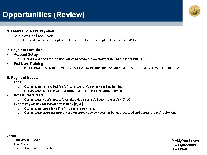 Opportunities (Review) 1. Unable To Make Payment • Sale Not Finalized Error o Occurs