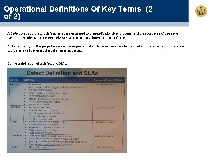 Operational Definitions Of Key Terms (2 of 2) A Defect on this project is