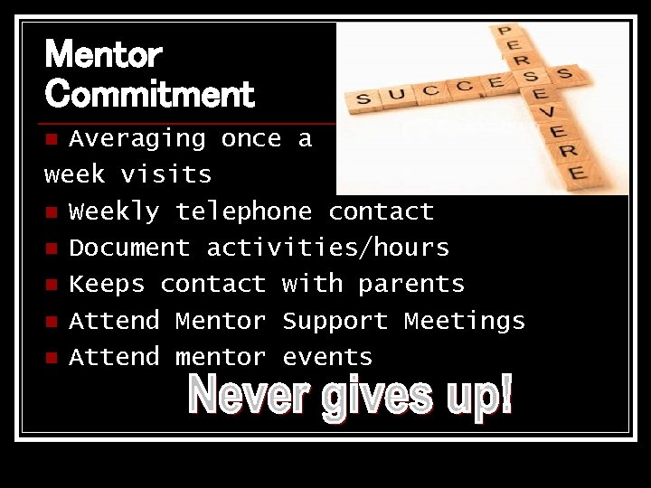 Mentor Commitment Averaging once a week visits n Weekly telephone contact n Document activities/hours