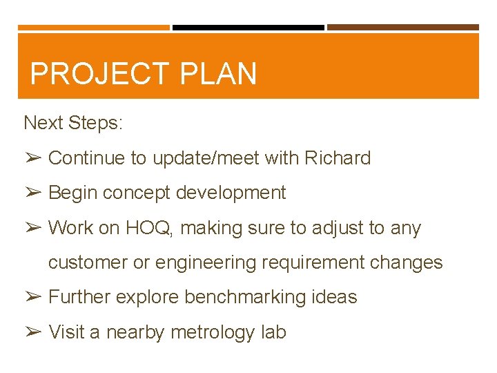 PROJECT PLAN Next Steps: ➢ Continue to update/meet with Richard ➢ Begin concept development