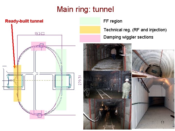 Main ring: tunnel Ready-built tunnel FF region Technical reg. (RF and injection) Damping wiggler