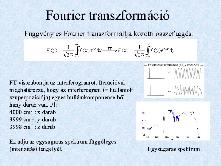 Fourier transzformáció Függvény és Fourier transzformáltja közötti összefüggés: F ( y) = 1 2