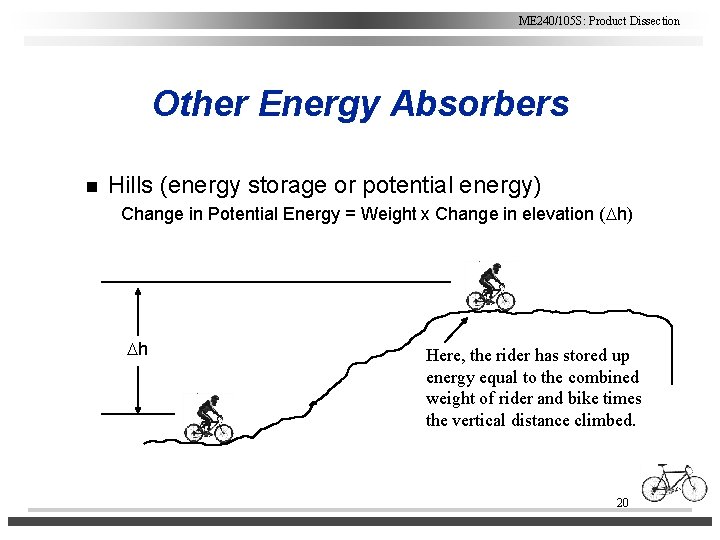 ME 240/105 S: Product Dissection Other Energy Absorbers n Hills (energy storage or potential