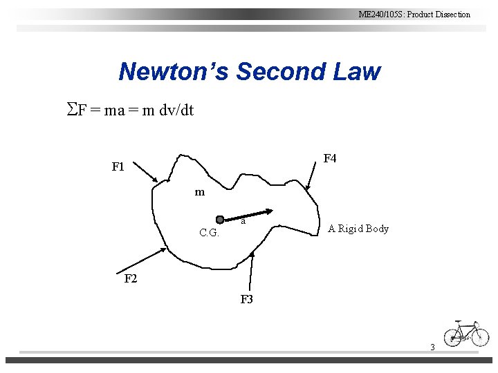 ME 240/105 S: Product Dissection Newton’s Second Law SF = ma = m dv/dt