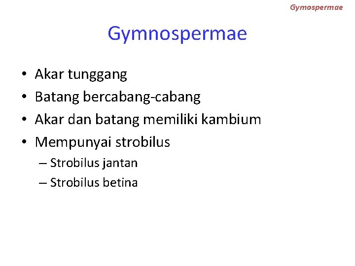 Gymospermae Gymnospermae • • Akar tunggang Batang bercabang-cabang Akar dan batang memiliki kambium Mempunyai