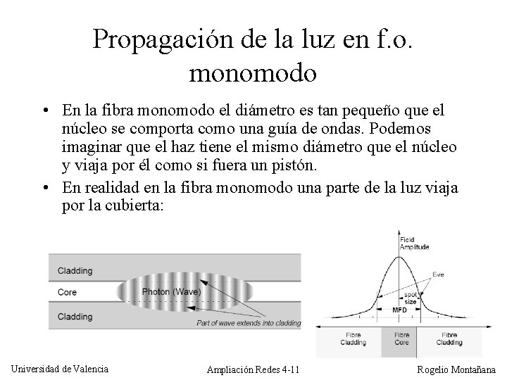 Propagación de la luz en f. o. monomodo • En la fibra monomodo el