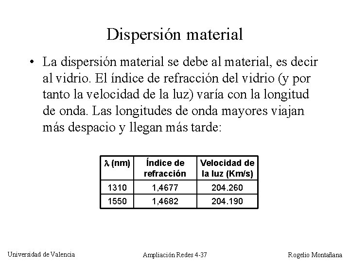 Dispersión material • La dispersión material se debe al material, es decir al vidrio.