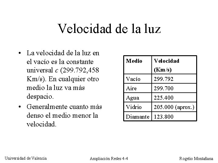 Velocidad de la luz • La velocidad de la luz en el vacío es