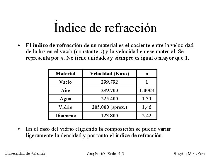 Índice de refracción • El índice de refracción de un material es el cociente