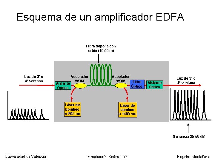 Esquema de un amplificador EDFA Fibra dopada con erbio (10 -50 m) Luz de
