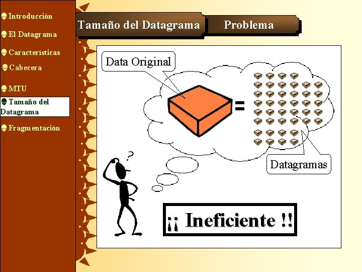  Introducción El Datagrama Características Cabecera Tamaño del Datagrama Problema Data Original MTU Tamaño