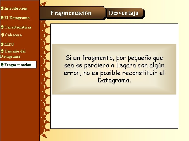  Introducción El Datagrama Fragmentación Desventaja Características Cabecera MTU Tamaño del Datagrama Fragmentación Si