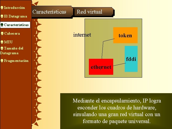  Introducción El Datagrama Características Red virtual Características Cabecera internet token MTU Tamaño del
