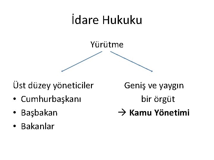 İdare Hukuku Yürütme Üst düzey yöneticiler • Cumhurbaşkanı • Başbakan • Bakanlar Geniş ve