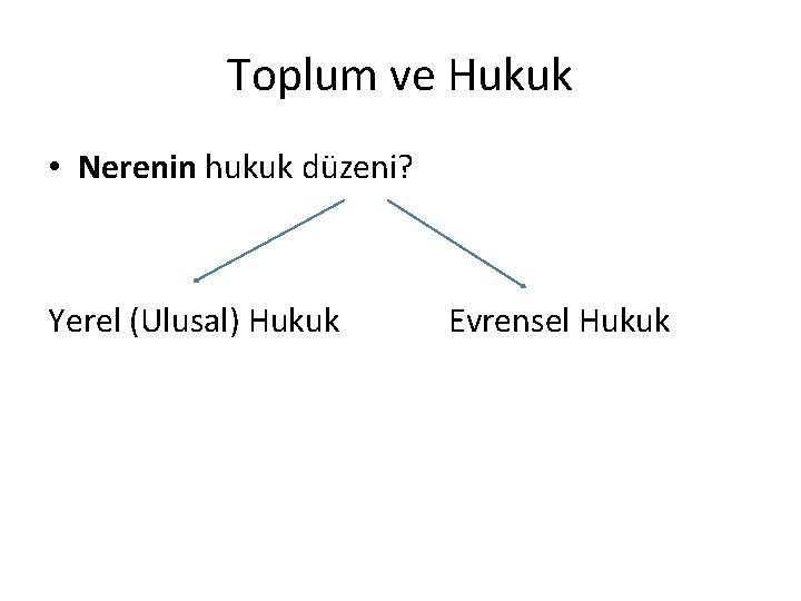 Toplum ve Hukuk • Nerenin hukuk düzeni? Yerel (Ulusal) Hukuk Evrensel Hukuk 