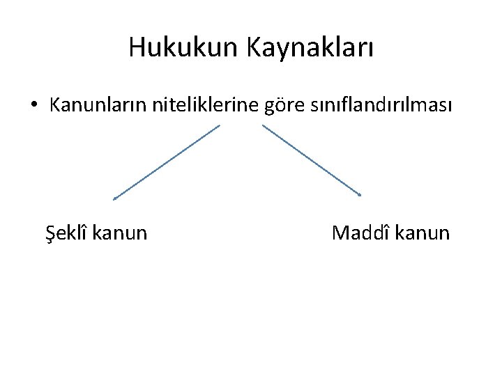 Hukukun Kaynakları • Kanunların niteliklerine göre sınıflandırılması Şeklî kanun Maddî kanun 