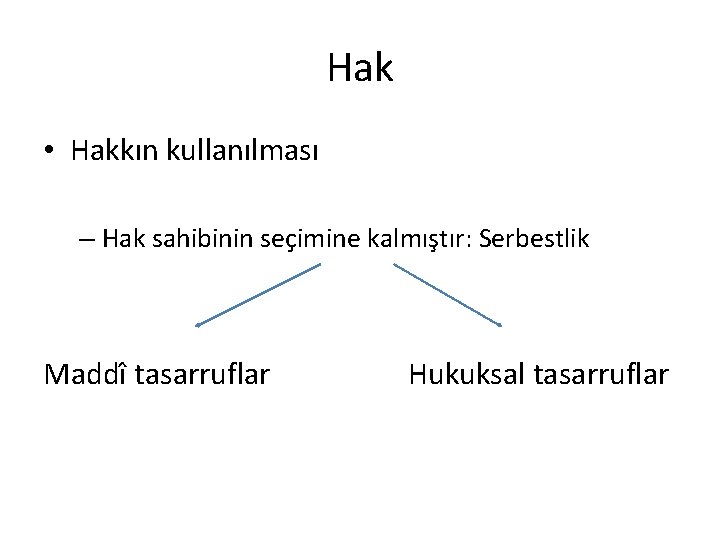 Hak • Hakkın kullanılması – Hak sahibinin seçimine kalmıştır: Serbestlik Maddî tasarruflar Hukuksal tasarruflar