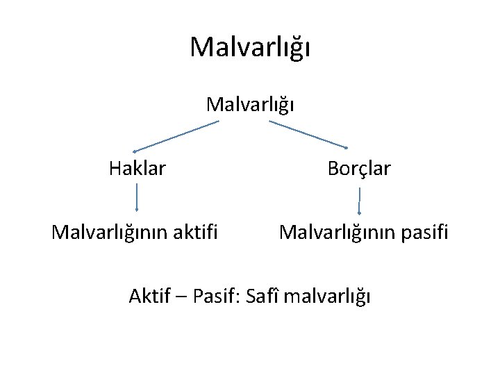 Malvarlığı Haklar Borçlar Malvarlığının aktifi Malvarlığının pasifi Aktif – Pasif: Safî malvarlığı 