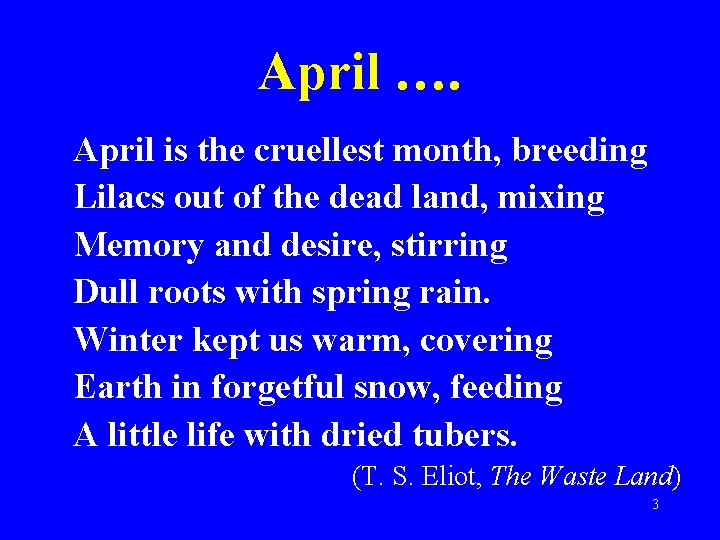 April …. April is the cruellest month, breeding Lilacs out of the dead land,