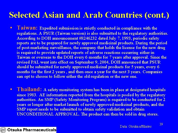 Selected Asian and Arab Countries (cont. ) • Taiwan: Expedited submission is strictly conducted