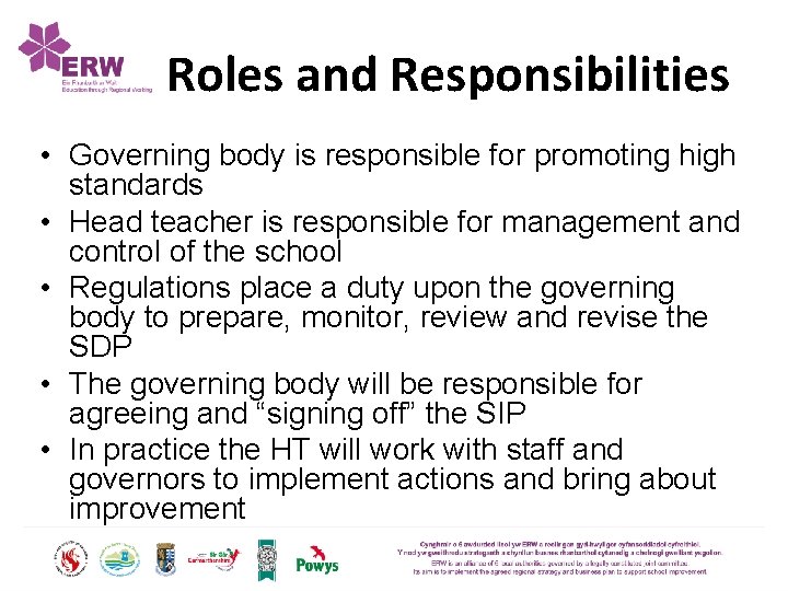 Roles and Responsibilities • Governing body is responsible for promoting high standards • Head