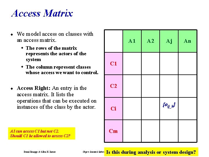 Access Matrix ¨ We model access on classes with an access matrix. w The