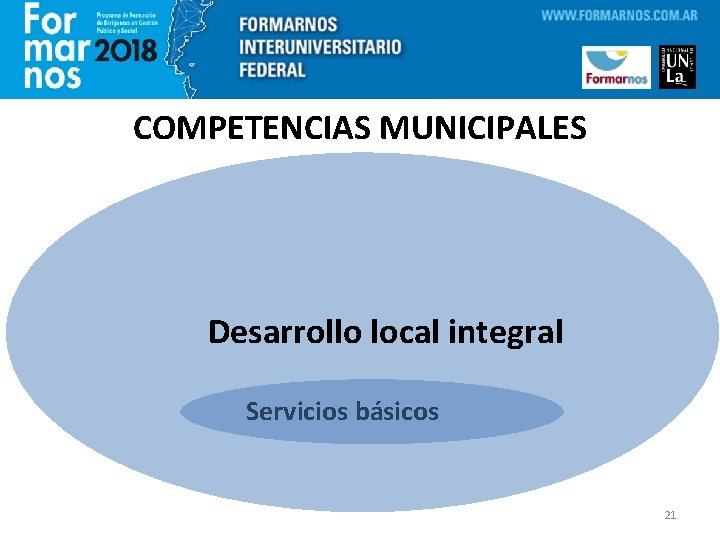 COMPETENCIAS MUNICIPALES Desarrollo local integral Servicios básicos 21 