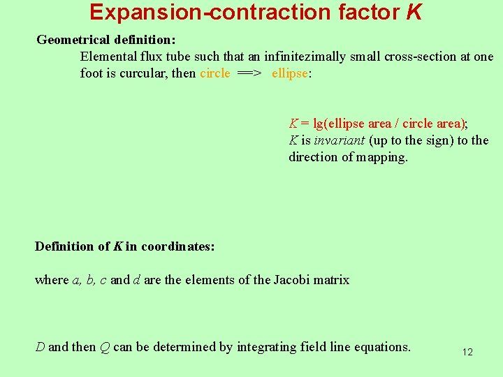 Expansion-contraction factor K Geometrical definition: Elemental flux tube such that an infinitezimally small cross-section