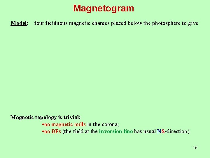 Magnetogram Model: four fictituous magnetic charges placed below the photosphere to give Magnetic topology