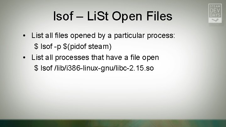 lsof – Li. St Open Files • List all files opened by a particular