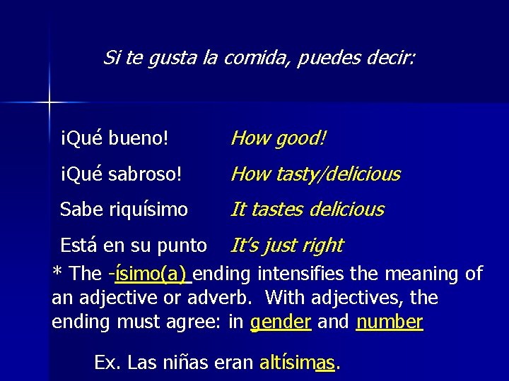 Si te gusta la comida, puedes decir: ¡Qué bueno! How good! ¡Qué sabroso! How