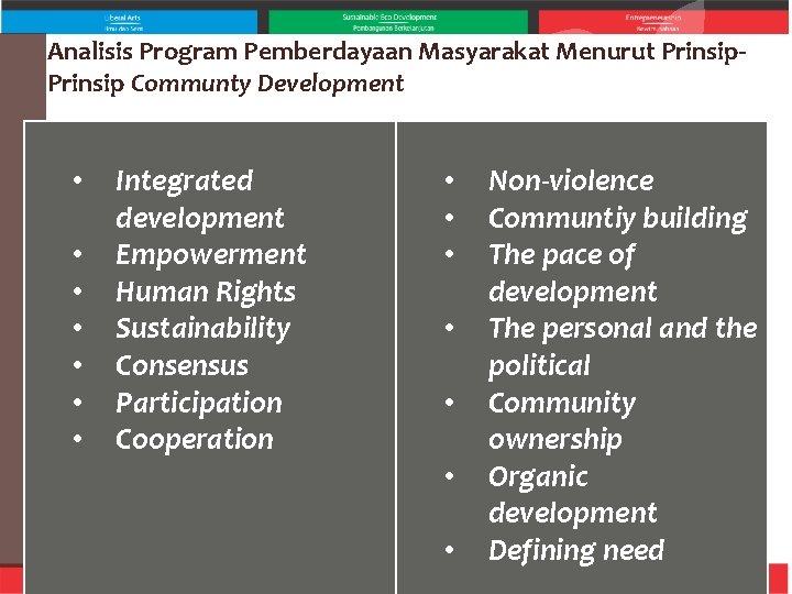 Analisis Program Pemberdayaan Masyarakat Menurut Prinsip Communty Development • • Integrated development Empowerment Human
